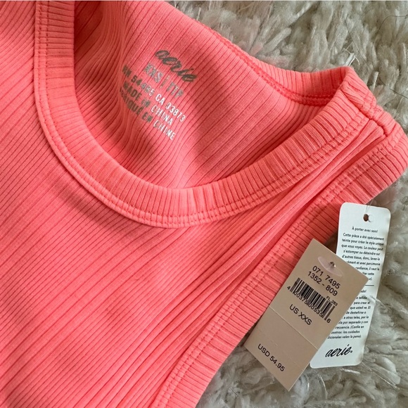 Aerie Neon Coral Pink Ruched Rib Midi Dress Adjustable Slit Scrunch - Picture 7 of 12